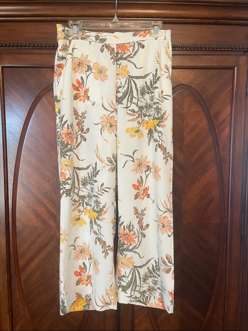 LOFT Outlet Cream Wide-Leg Floral Pants with Peach & Yellow Blooms